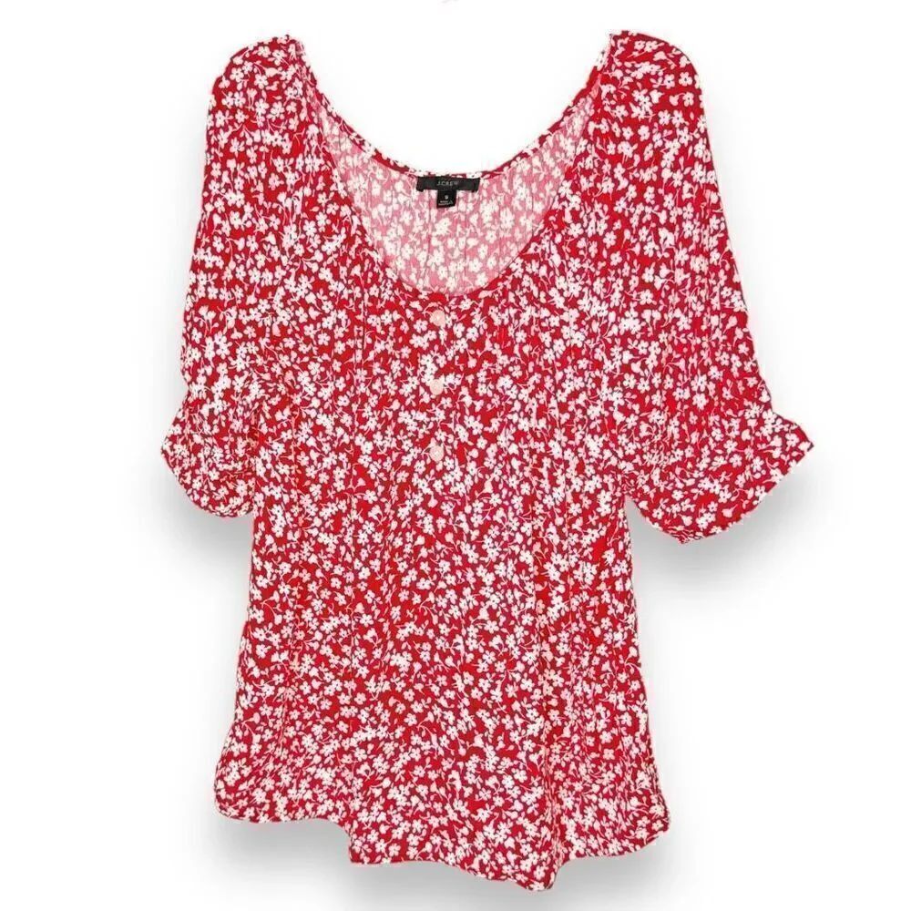 J. Crew Re-Imagined Scoop Neck Top Tossed Bouquet Red Floral Print Women’s Siz S